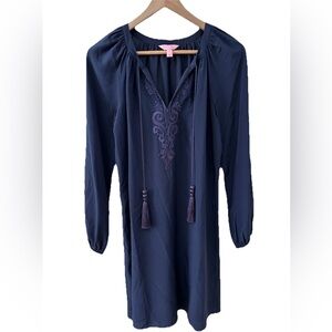 Lilly Pulitzer Roslyn Navy Dress Silk sz Small Beaded Design with Tassles Party‎